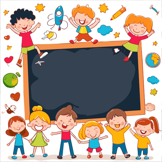 Vecteur tableau de classe de retour à l'école enfants d'âge préscolaire dessinés à la main plate mascotte élégante personnage de dessin animé