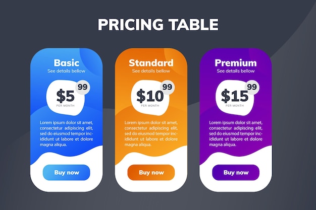 Tableau de comparaison de prix moderne pour les produits ou services