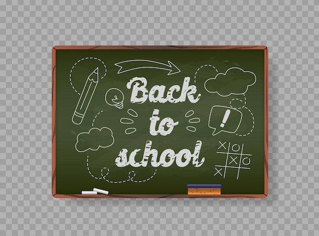 Tableau à craie avec texte de retour à l'école et divers Doodles y compris une flèche à crayon nuages Tictactoe