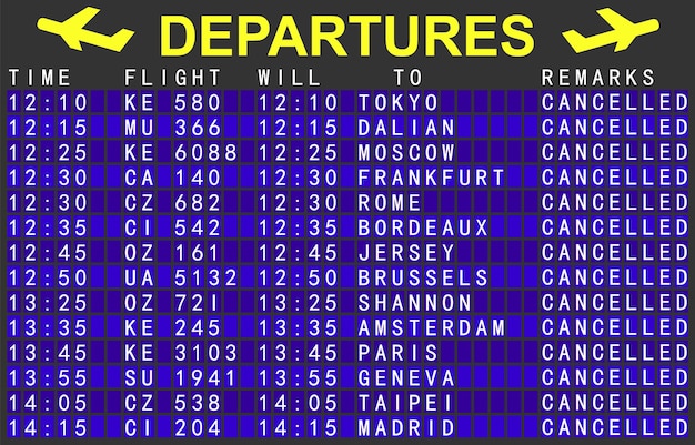 Vecteur tableau de départ de l'aéroport avec vols annulés