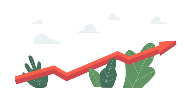 Tableau financier avec le graphique de la flèche rouge vers le haut, la croissance du marché boursier, les bénéfices monétaires, l'augmentation des investissements. Succès financier, progrès, analyses, prévisions, concept de tendance. Illustration vectorielle de dessin animé