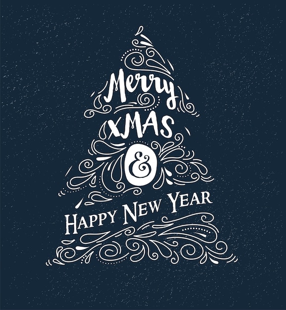 Tableau noir, style vintage, arbre de Noël avec typographie et lettrage