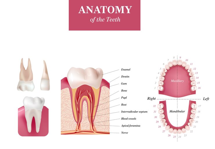 Vecteur tableau de numérotation des dents internationales pour adultes. système de numérotation universel. anatomie des dents