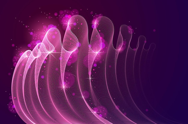 Tableau de particules magiques coulant sur un textile en tulle transparent à vague sombre et dynamique au vent. illustration vectorielle 3D. Points ronds en maille, belle illustration de fond d'écran relaxant.