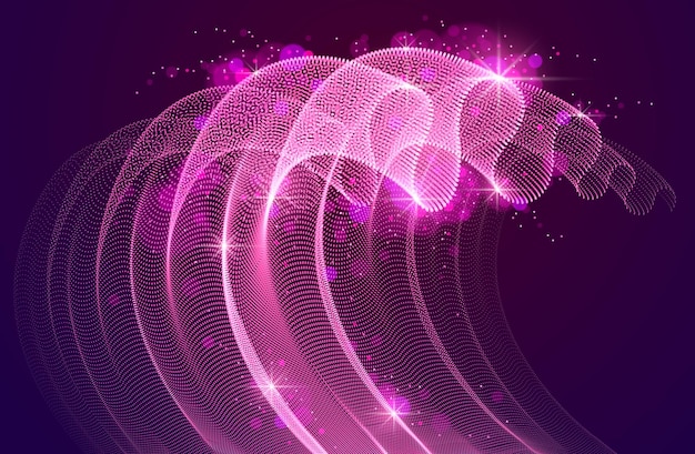 Tableau de particules magiques coulant sur un textile en tulle transparent à vague sombre et dynamique au vent. illustration vectorielle 3D. Points ronds en maille, belle illustration de fond d'écran relaxant.