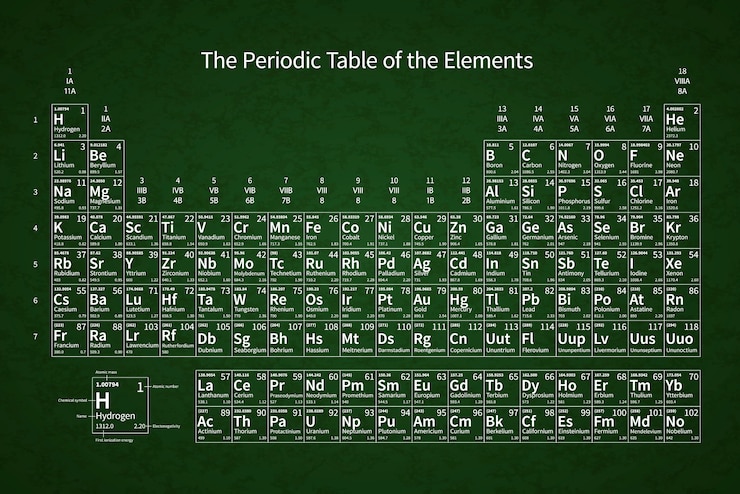 Tableau périodique des éléments chimiques blancs sur tableau vert école