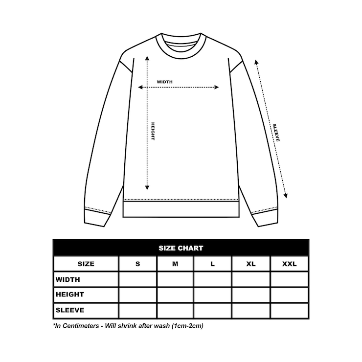 Vecteur tableau des tailles de sweat-shirt col rond manches longues tableau des tailles pull