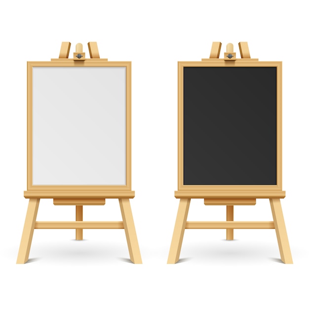Vecteur tableaux blancs école noir et blanc sur l'illustration vectorielle de chevalet. cadre en bois et tableau noir sur trépied