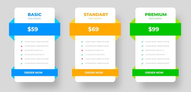 Tableaux de conception de tarification Ui UX avec liste de contrôle des fonctionnalités d'abonnement aux tarifs et plans d'affaires