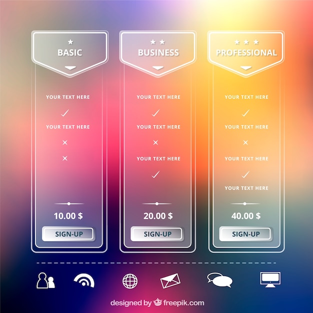 Tables éléments Web Transparents Avec Des Plans Tarifaires Différents