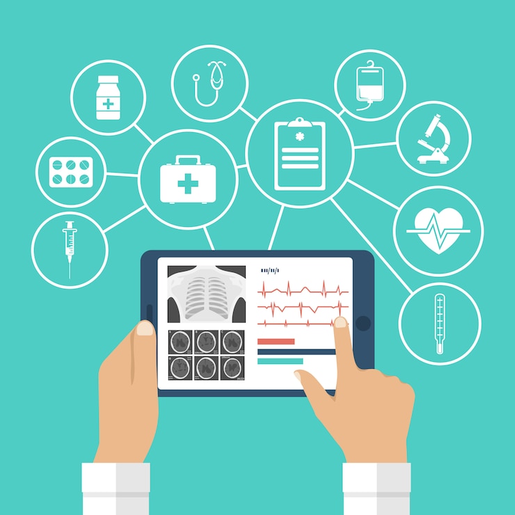 Vecteur tablette entre les mains du médecin