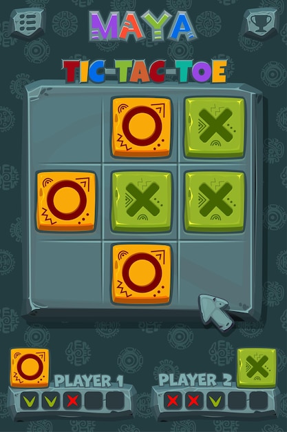 TAC TIC TOE UI en Maya ou Aztec thème Stone Board jeu de logique pour votre développement de jeu UI jeu de stratégie vectorielle zéros et croix