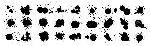 Taches d'encre noire avec des gouttes Différents éléments de conception de pulvérisation dessinés à la main Jeu de taches d'éclaboussures d'encre de peinture Éclaboussure de peintures avec des gouttes Illustration vectorielle