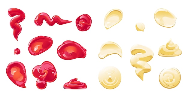 Taches de ketchup et de mayonnaise, éclaboussures, ensemble de blobs. Illustration vectorielle en style cartoon plat.