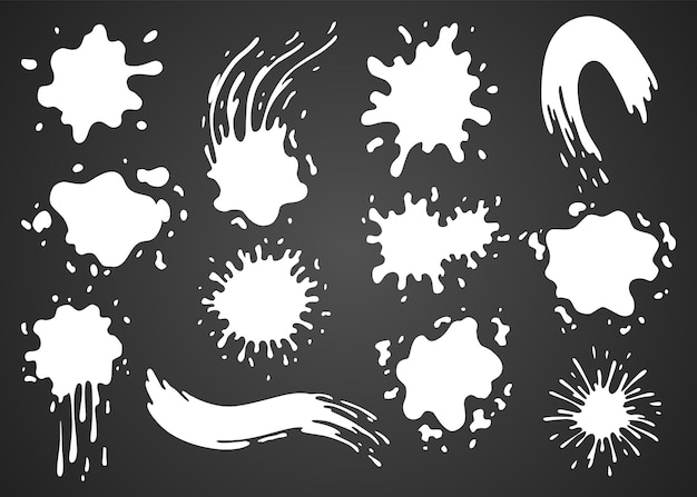 Taches de peinture Éclaboussures définies pour la conception Collection de formes grunge Taches et silhouettes sales Éclaboussures d'encre blanche sur fond sombre