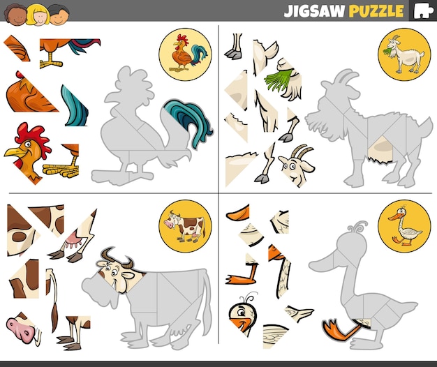 Tâches De Puzzle Avec Des Animaux De Ferme De Dessin Animé