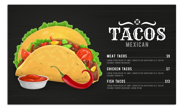 Vecteur taco menu template of mexican cuisine restaurant