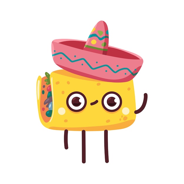 Taco mignon dans le personnage de cuisine mexicaine sombrero vecteur dessin animé isolé sur fond blanc