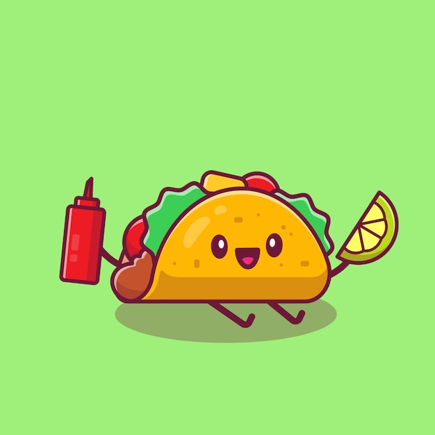 Taco Mignon Tenant Illustration D'icône De Dessin Animé De Citron Et De Sauce. Concept D'icône De Dessin Animé De Restauration Rapide Isolé. Style De Bande Dessinée Plat