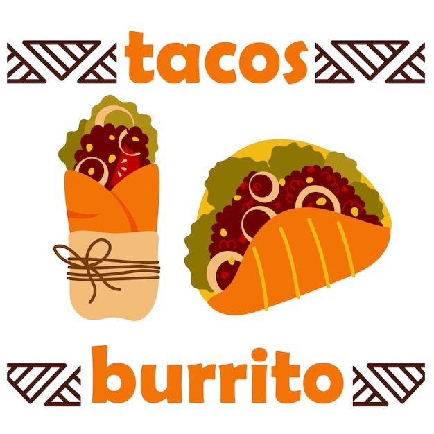 Tacos et burritos cuisine mexicaine Vector illustration de dessin animé