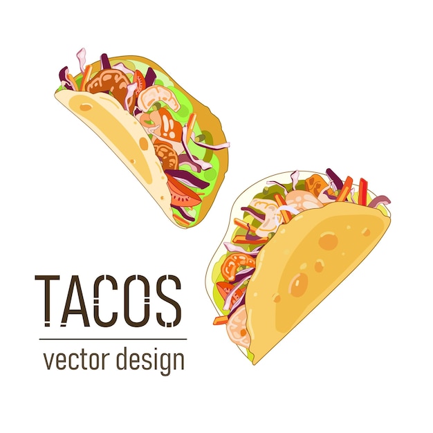 Tacos Cuisine Mexicaine Traditionnelle Crevettes Et Viande Avec Des Légumes Dans Une Tortilla Pliée Conception De Vecteur