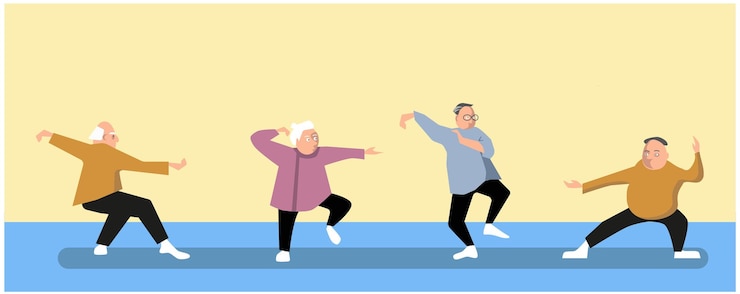 Vecteur taichi wushu kungfu fitness activités saines grand-père âge adulte vieil homme illustration vectorielle