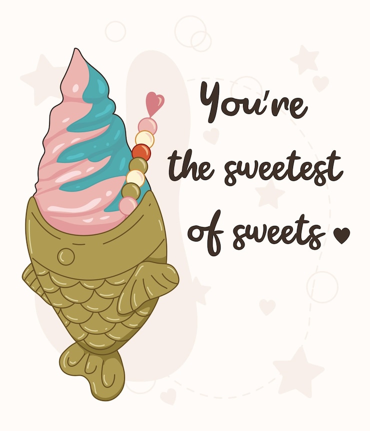 Vecteur taiyaki avec affiche de lettrage de crème glacée et de fruits. tu es le plus doux des bonbons. illustration de la carte