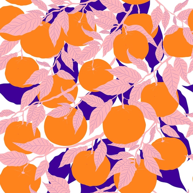 Tangerines Mandarinorange Avec Des Branches Vertes Et Des Feuilles Vertes. Modèle Sans Couture De Vecteur.