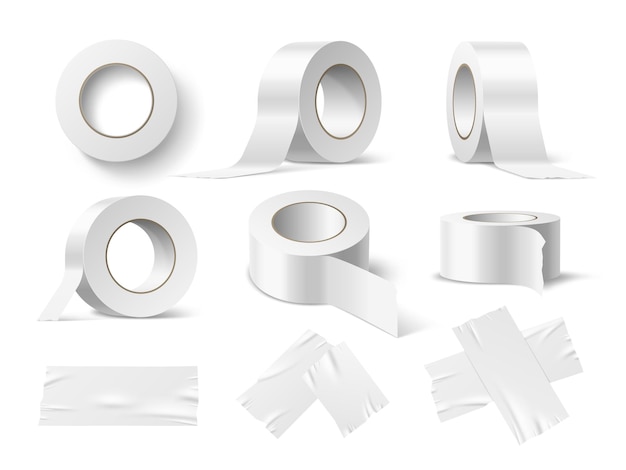 Tape scotch réaliste Rouleaux collants sous différents angles Articles de bureau Peinture adhésif fournitures Tape de papier blanc Maquette blanche éléments 3D propres livraison emballage ensemble vectoriel utter