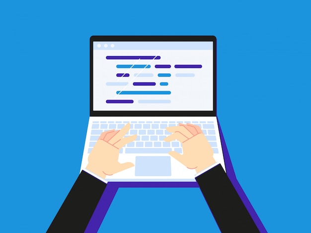 Taper du code sur un ordinateur portable. Homme affaires, utilisation, creen, creen, bureau, ou, secrétaire, main, type, illustration