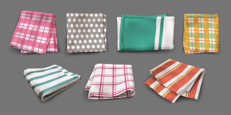 Vecteur tapis de table serviettes de cuisine avec des impressions géométriques colorées différentes nappes de coton serviettes de pique-nique 3d serviettes de tissu mouchoir collection couvertures vue supérieure ensemble vectoriel exact isolé réaliste