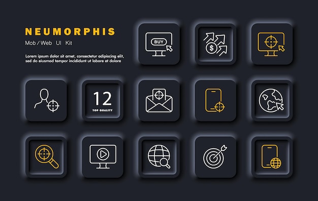 Targeting set icon Augmentation des bénéfices publicité ciblée dans le monde entier sur tous les appareils Recherche d'acheteurs vidéo marketing agressif style néomorphisme Icône de ligne vectorielle