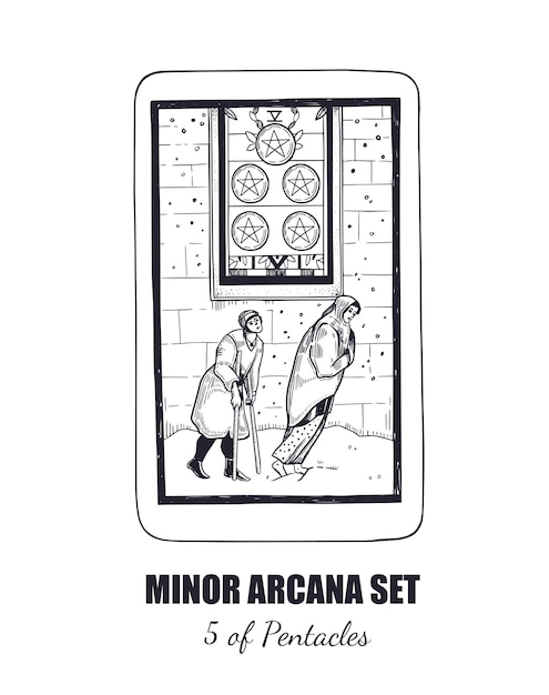 Tarot Vecteur Dessiné à La Main Arcanes Mineurs Ensemble 5 De Pentacles