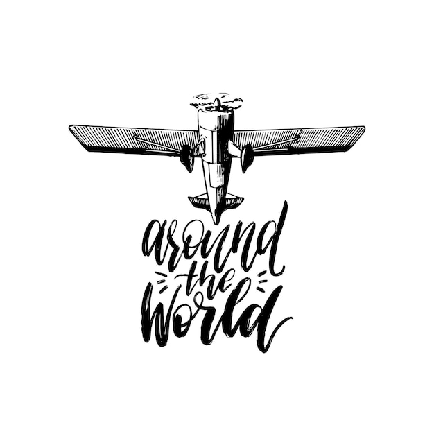 Vecteur taround the world vector affiche d'inspiration typographique logo d'avion rétro vintage illustration d'aviation dessinée à la main dans un style de gravure