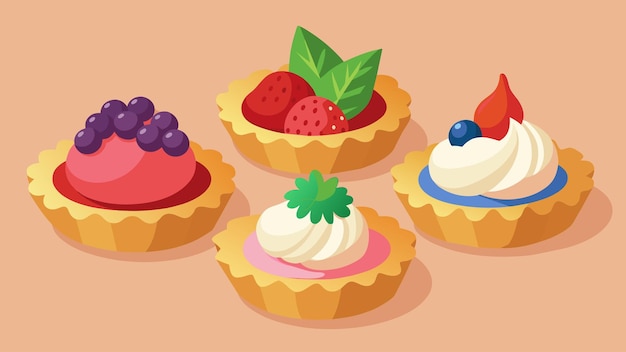 Vecteur des tartes de fruits miniatures avec une croûte beurreuse remplies d'une sélection de fruits frais de saison et d'une