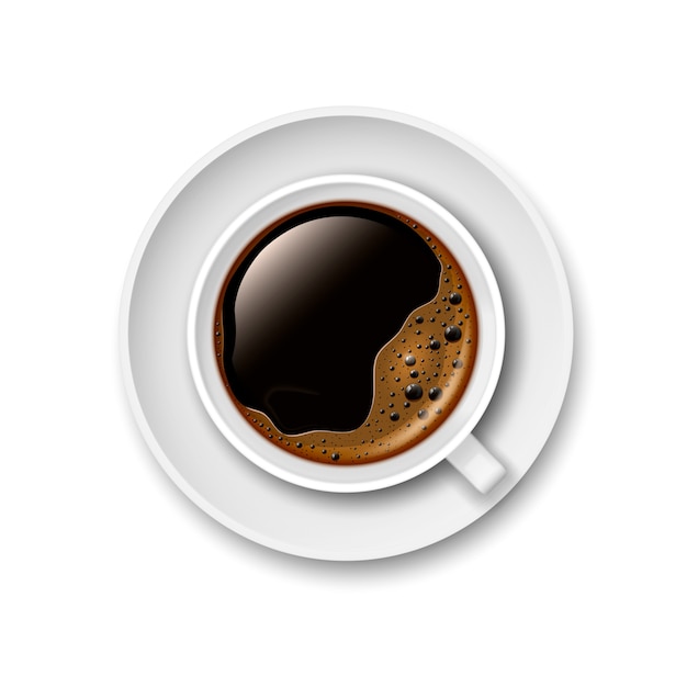 Tasse 3D réaliste de café noir sur une soucoupe. Vue d'en-haut. Illustration vectorielle.