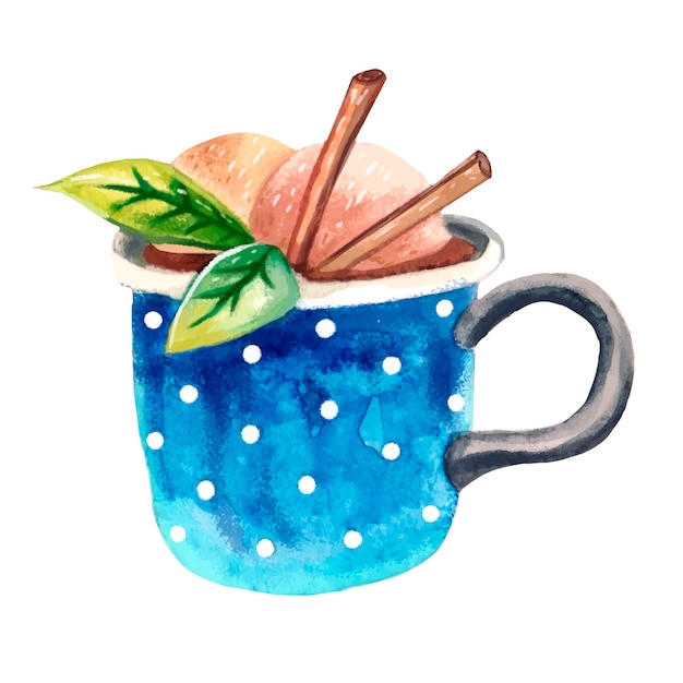 Une tasse d'aquarelle bleue avec du cacao, des boules de glace, de la cannelle et des feuilles de menthe verte