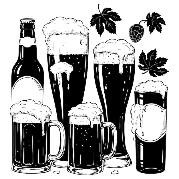 Une tasse de bière Silhouettes sur une couleur blanche Illustration de fond