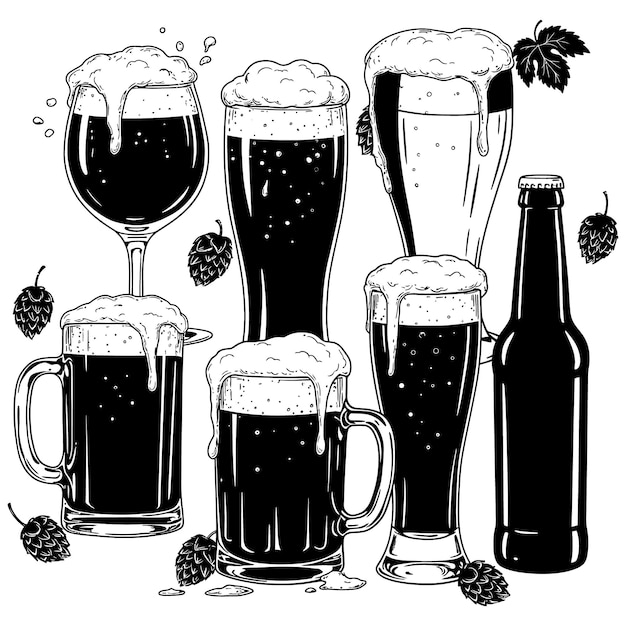 Une tasse de bière Silhouettes sur une couleur blanche Illustration de fond