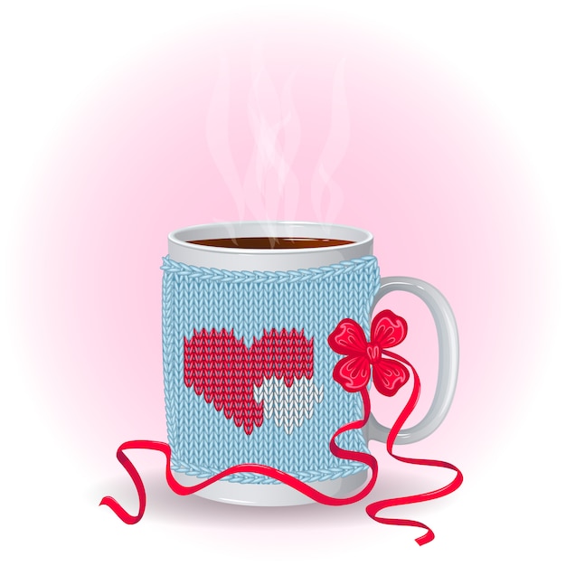 Vecteur tasse blanche dans une couverture tricotée avec motif coeurs.