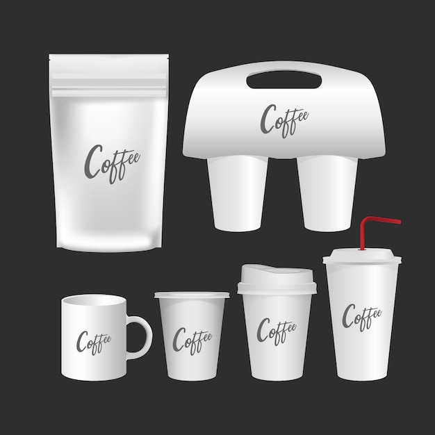 Vecteur tasse blanche, ensemble réaliste de tasse à café isolé sur fond blanc.
