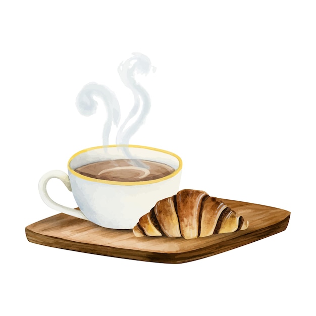 Une tasse de café chaud avec du chocolat, une pâtisserie de croissant français sur un bureau en bois, une illustration à l'aquarelle.