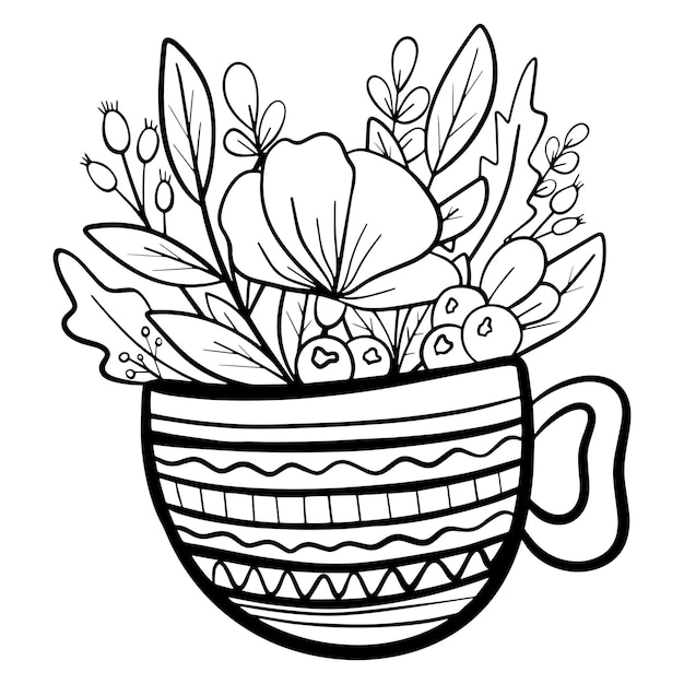 Tasse à café dessinée à la main avec des fleurs floral botanique doodle vector illustration livre de coloriage