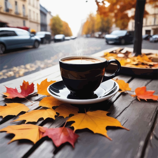 Vecteur une tasse de café et des feuilles d'automne au fond des feuilles de l'automne sur la table