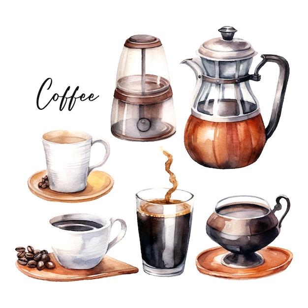 Vecteur tasse à café noire définie aquarelle dans un style rétro sur fond blanc boutique affiche conception croquis dessin