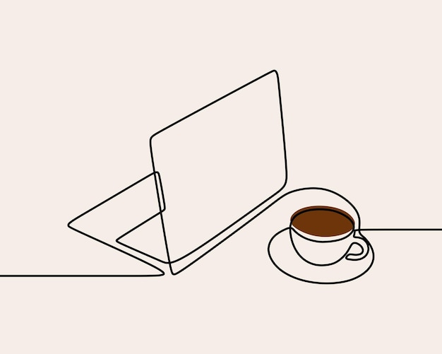 Tasse à café et ordinateur portable dessin au trait continu unique et modifiable