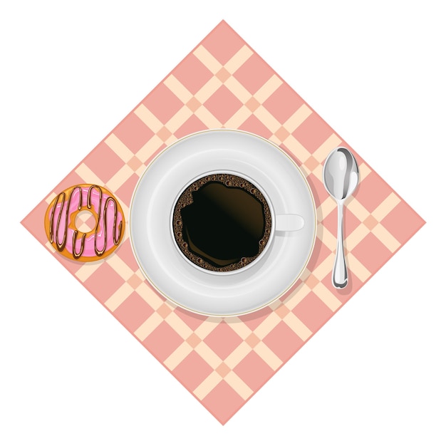 Tasse à Café De Petit Déjeuner, Cuillère Et Beignet Avec Glaçage Rose, Illustration.