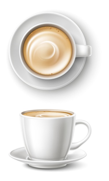 Tasse à café et soucoupe réaliste Latte dans une tasse en porcelaine blanche
