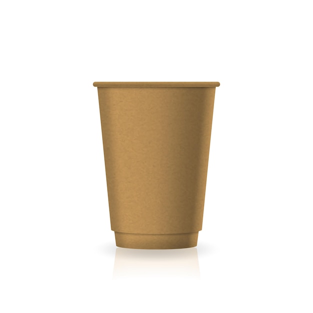 Vecteur tasse à café-thé en papier kraft marron vierge dans un modèle de maquette de taille moyenne. isolé sur fond blanc avec ombre de réflexion. prêt à l'emploi pour la conception de la marque. illustration vectorielle.