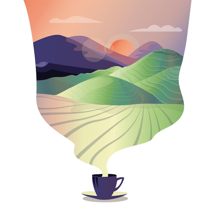 Vecteur une tasse de café avec de la vapeur qui en émane sous la forme d'un nuage avec un paysage de montagne